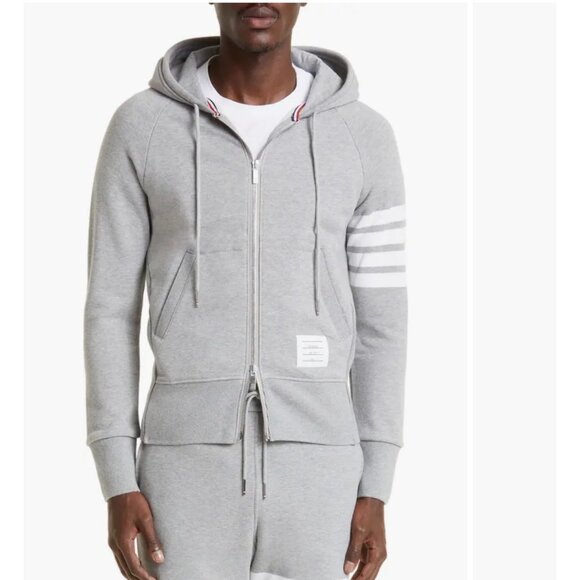 Thom Browne Classic 4-Bar Zip Cotton Hoodie, gray/white, Size 3 D41 - Picture 1 of 12